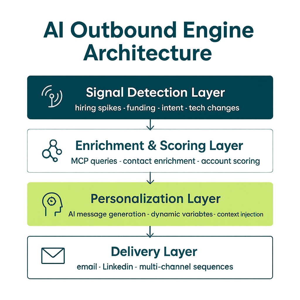 Four-layer AI outbound engine architecture stack
