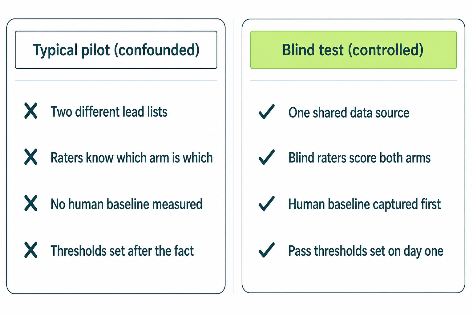 AI SDR evaluation comparison showing a confounded pilot versus a controlled blind test with one shared data source