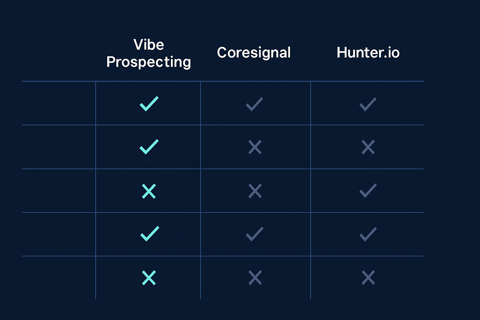 Vibe Prospecting vs Coresignal vs Hunter.io comparison table for B2B company data 2026