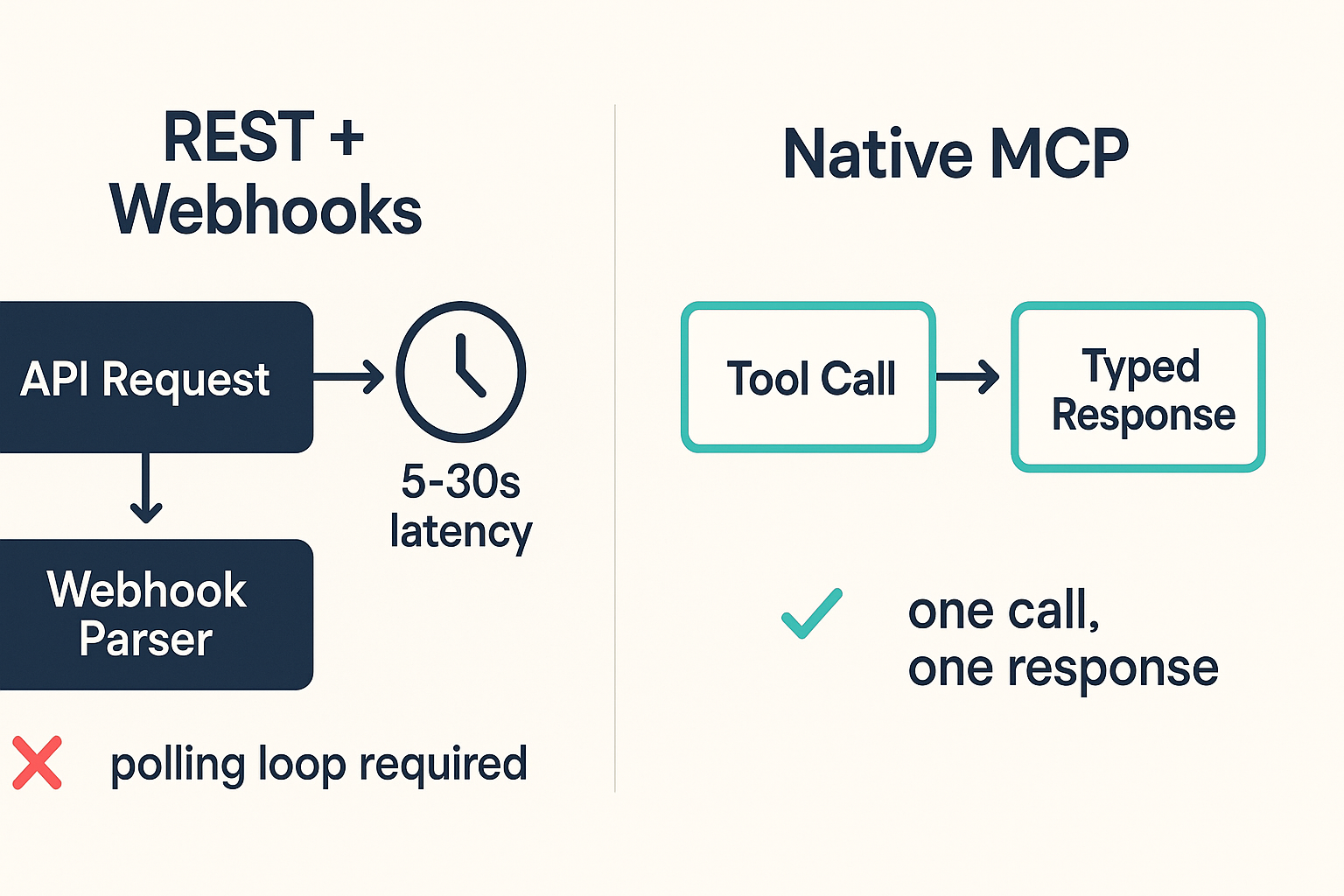 Side-by-side architecture diagram: REST plus webhook flow with polling delays versus native MCP single tool call