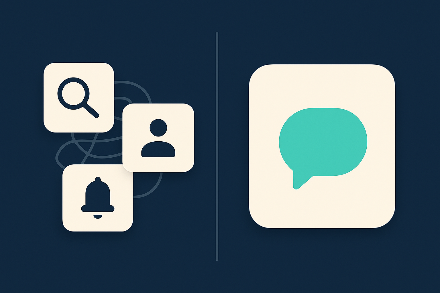Flat illustration comparing a founder stitching together three separate prospecting tools versus one chat connection covering company search, contacts, and buying signals