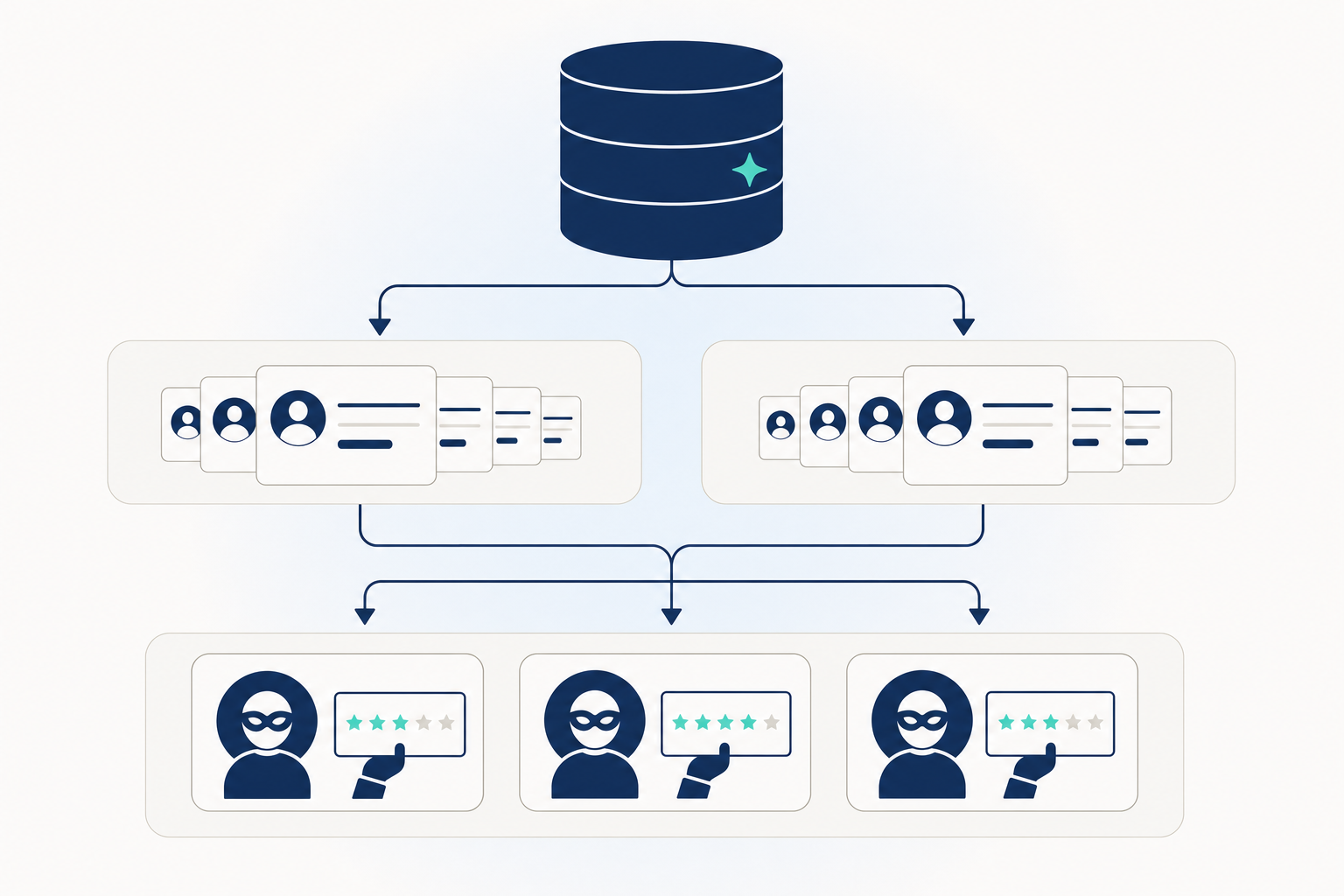 One shared data source splitting into a human side and an AI side, with masked raters scoring both in a blind test