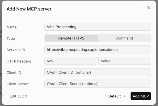 Cursor Add New MCP server dialog filled with the name Vibe Prospecting and the remote HTTPS server URL
