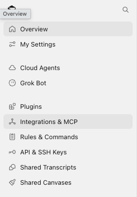 Cursor dashboard sidebar with the Integrations and MCP entry selected below Plugins