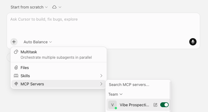 Cursor composer plus menu open on MCP Servers with the Vibe Prospecting toggle switched on