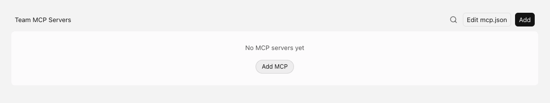 Cursor Team MCP Servers panel showing the empty state with the Add MCP button