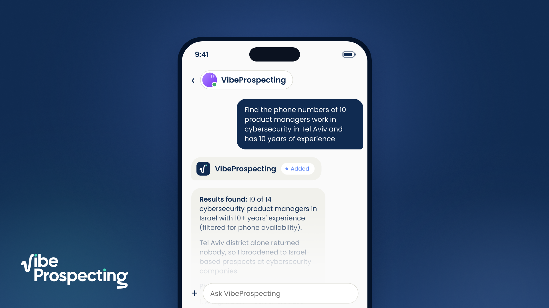 Vibe Prospecting chat result showing a prospecting request answered with a structured result count