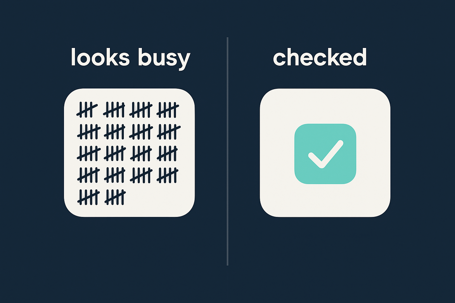 A cluttered pile of tally marks representing raw agent activity next to a single clean checkmark representing a checked, verified outcome