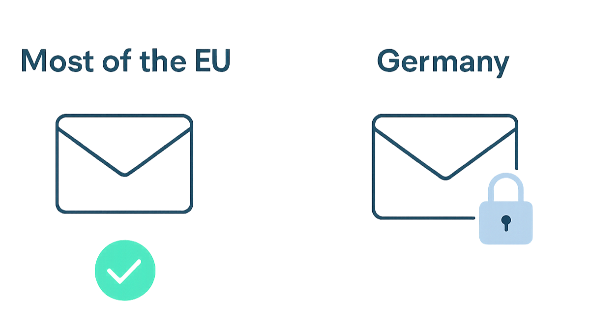 Side-by-side comparison icons showing most of the EU allowing legitimate interest cold email against Germany requiring prior consent