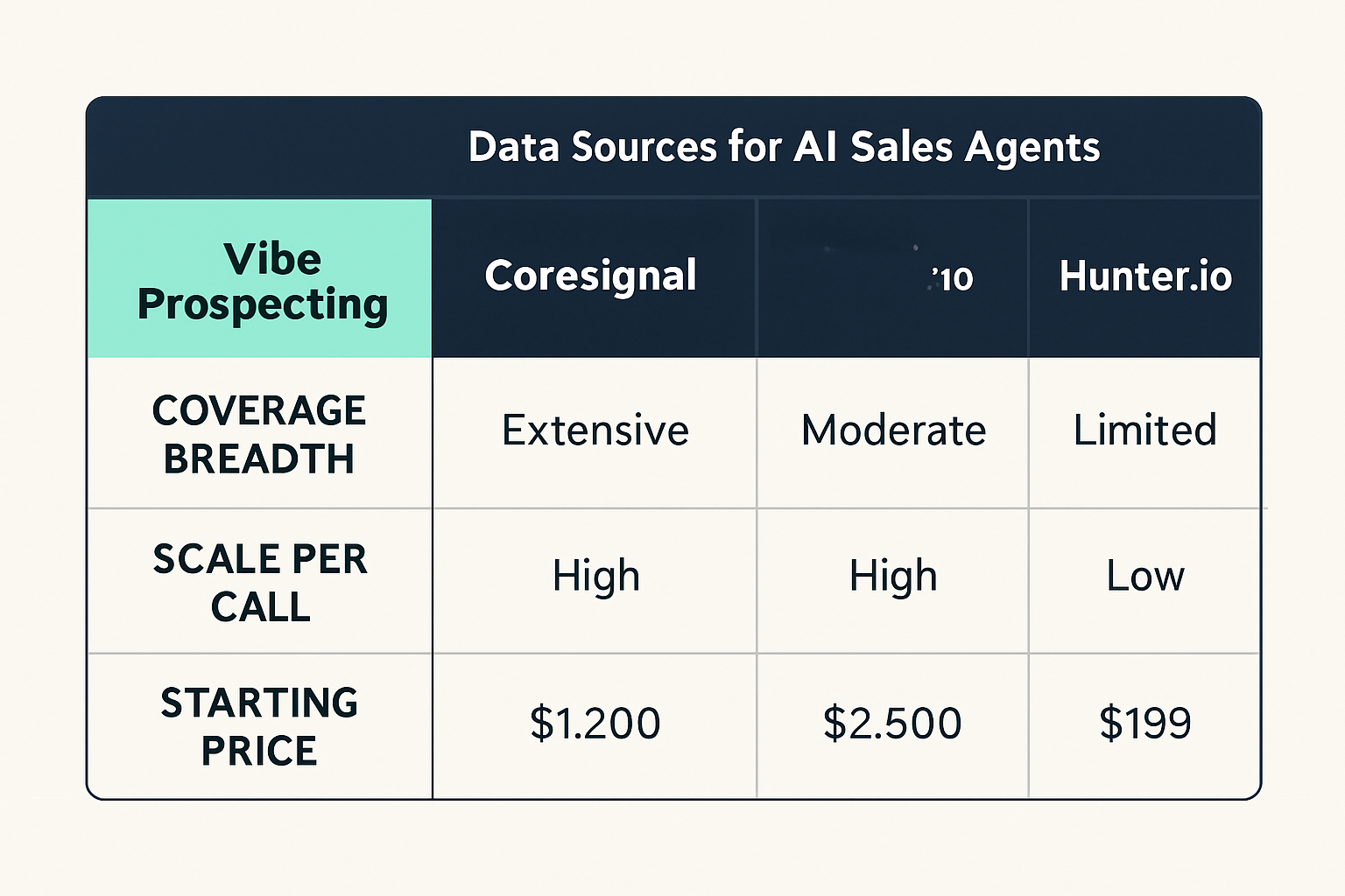 Comparison of Vibe Prospecting, Coresignal, and Hunter.io as data layers for a Manus AI GTM agent