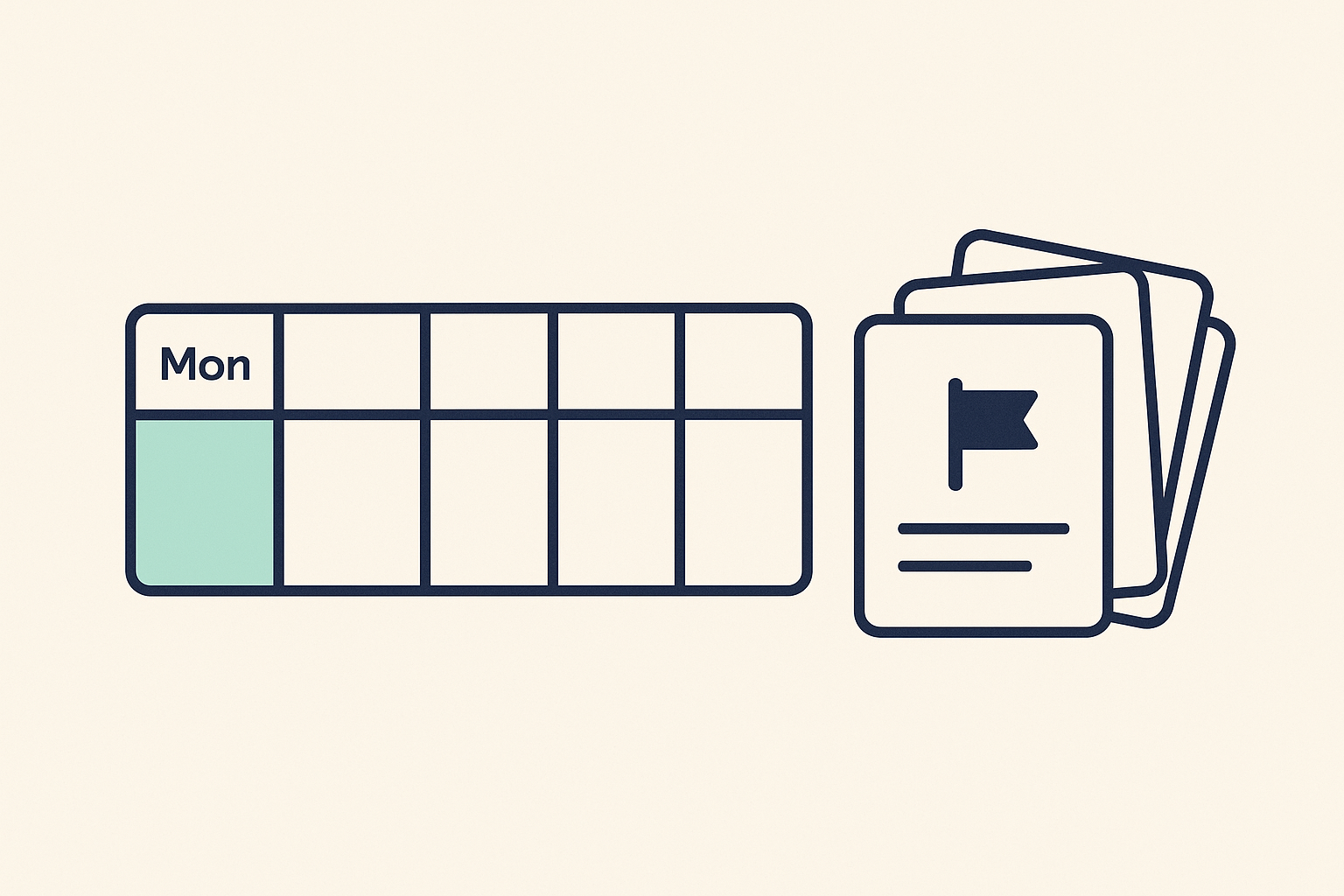 Weekly calendar strip with one day highlighted next to a stack of deal cards, one flagged