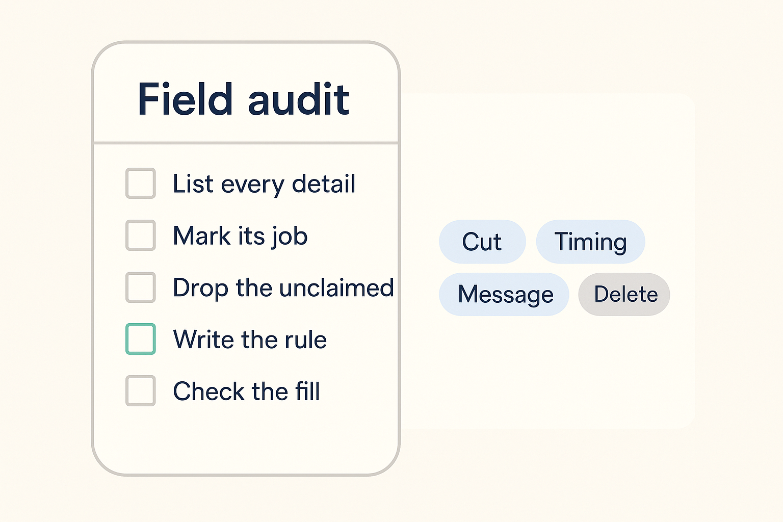 A checklist card for auditing which company details you already pay for, marking each one as cuts the account, explains the timing, changes the message, or delete