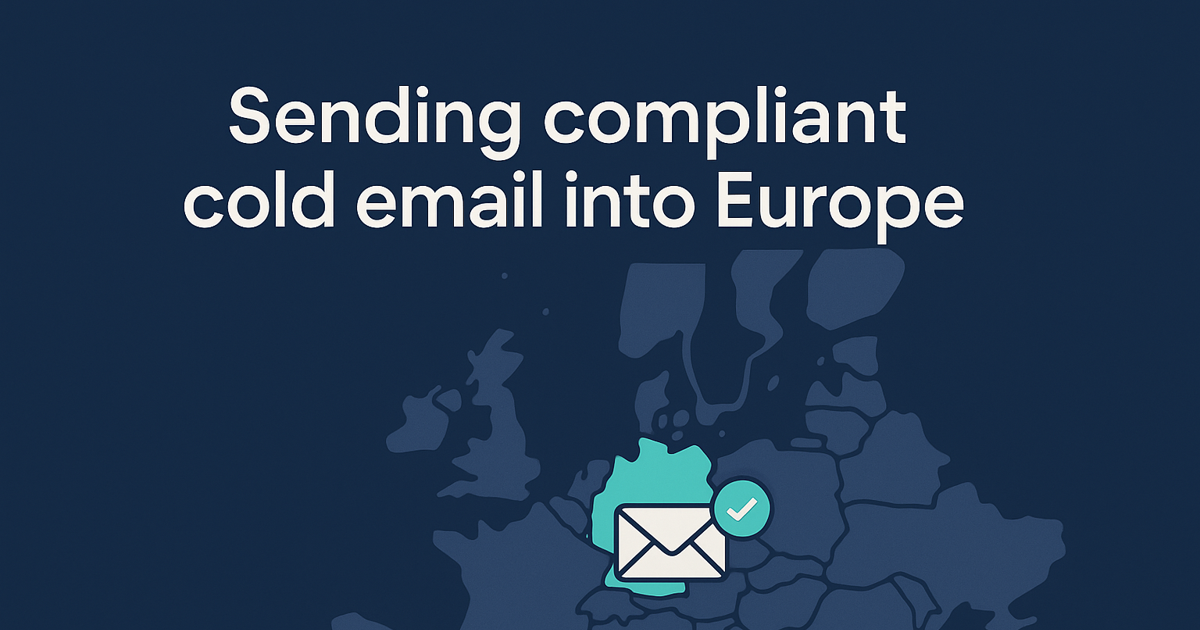 Map of Europe with Germany highlighted and a checked envelope icon, representing GDPR-compliant cold email into Europe